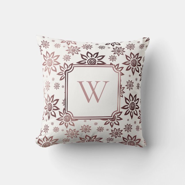 Coussin Faux or rose et fleurs blanches avec monogramme (Recto)