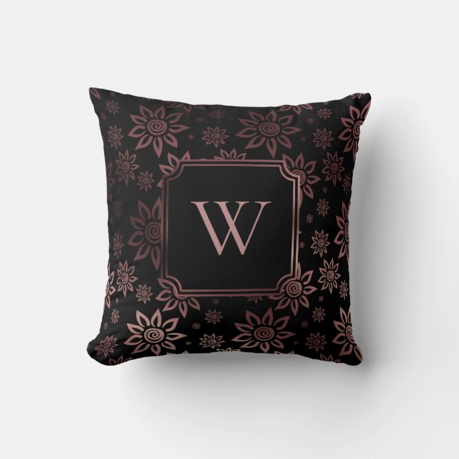 Coussin Faux or rose et floral noir avec monogramme (Recto)