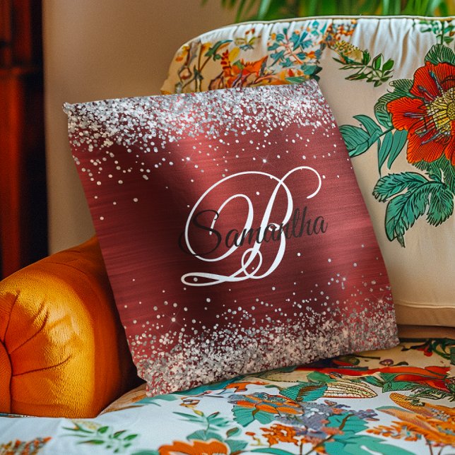 Coussin Faux Pailleté Argent Brillant Monogramme en Papier (Faux Shiny Silver Glitter Red Foil Monogram Throw Pillow)