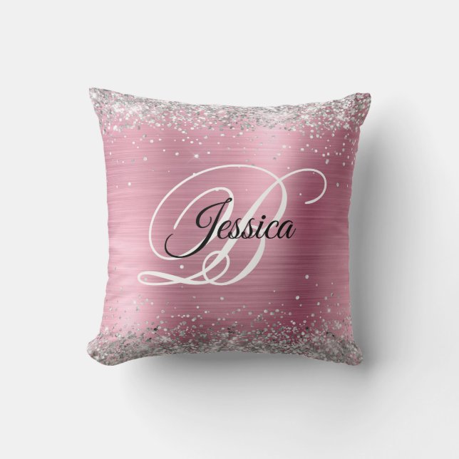 Coussin Faux pailleté argenté brillant et monogramme en fe (Recto)