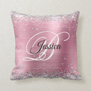 Coussin Faux pailleté argenté brillant et monogramme en fe