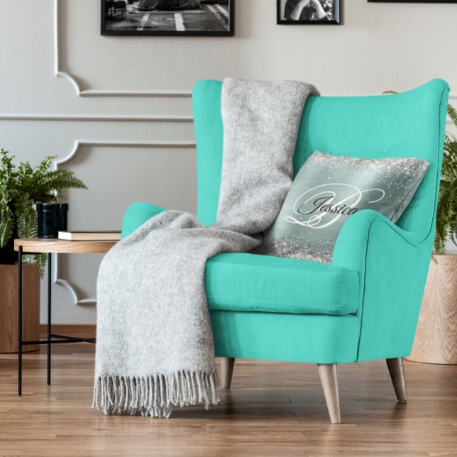 Coussin Faux Pailleté Argenté Brillants et Monogramme de F (Silver Glitter and Teal Foil Monogram Throw Pillow)