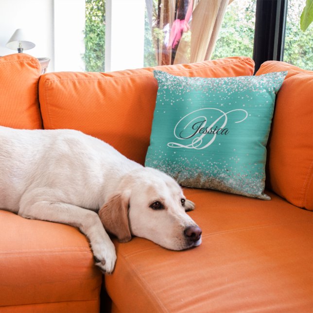 Coussin Faux Pailleté Argenté Turquoise Feuille Monogramme (Silver Glitter Turquoise Foil Monogram Throw Pillow)