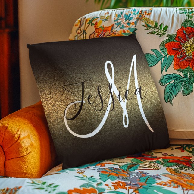 Coussin Faux Pailleté Or Noir Ombré Monogramme (Faux Gold Glitter Black Ombre Monogram Throw Pillow)