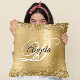 Coussin Faux paillettes dorées brillantes et monogramme fa