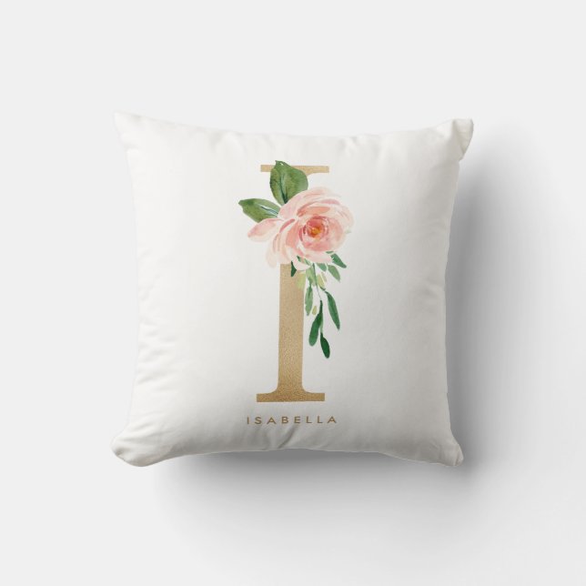 Coussin Faux papier d'or floral lettre I monogramme (Recto)