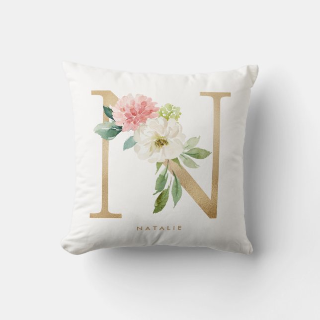 Coussin Faux papier d'or floral lettre N monogramme (Recto)