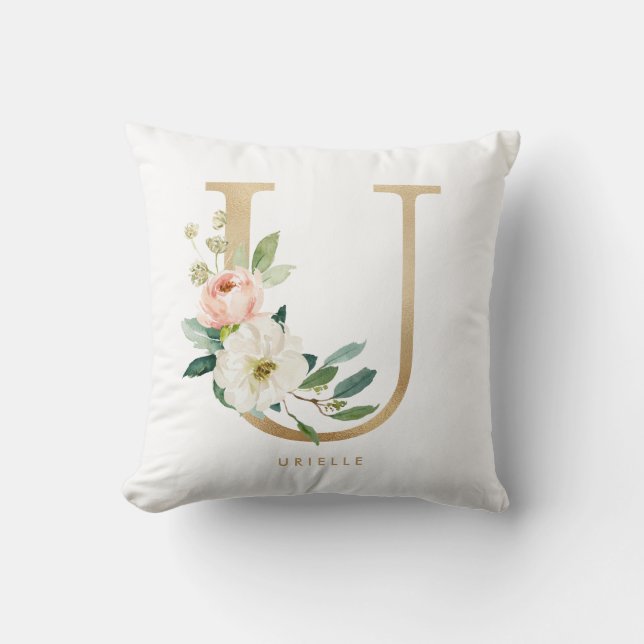 Coussin Faux papier d'or floral lettre U monogramme (Recto)