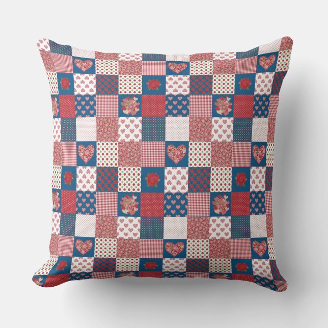 Coussin Faux-Patchwork, Coeurs, Roses, Polkas, Chèques (Recto)