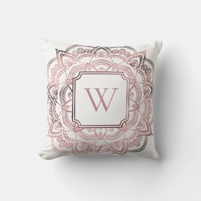 Coussin Faux Rose Gold Foil Mandala avec Monogramme blanc (Recto)