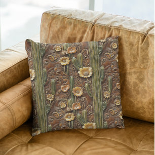 Coussin Faux Tooled Cactus Desert Leather Western