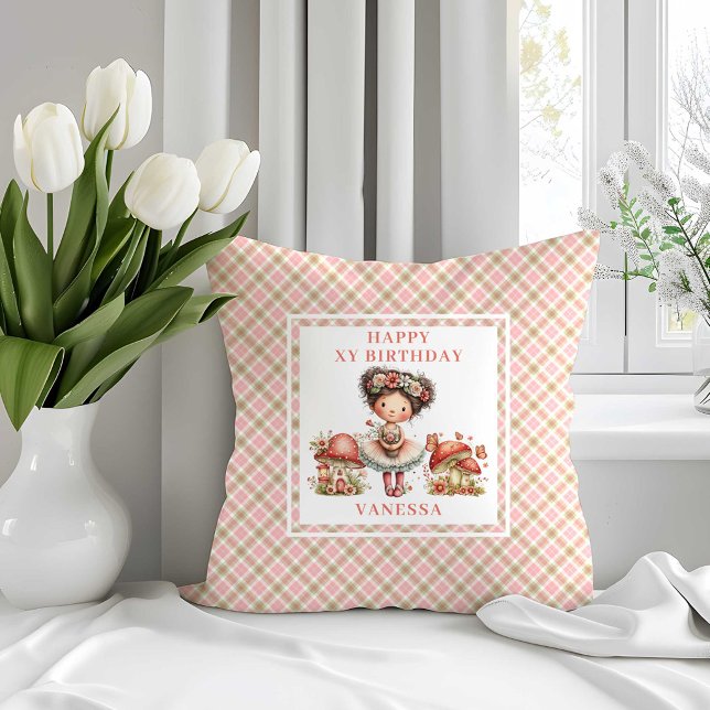 Coussin Fée Capricieuse 1er Anniversaire Fleurs Roses Cous (Whimsical Fairy 1st Birthday Blush Flowers Pillow)