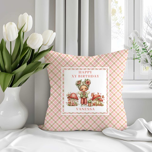 Coussin Fée Capricieuse 4ème Anniversaire Fleurs Roses Cou (Whimsy Fairy 4th Birthday Blush Flowers Pillow)