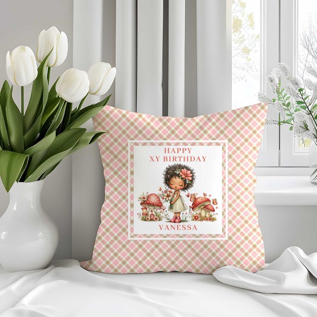 Coussin Fée Capricieuse 6ème Anniversaire Fleurs Roses Lan (Whimsy Fairy 6th Birthday Pink Flowers Throw Pillow)
