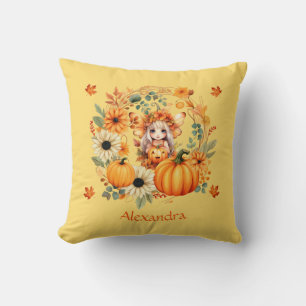 Coussin Fée Citrouille mignonne dans la couronne d'automne