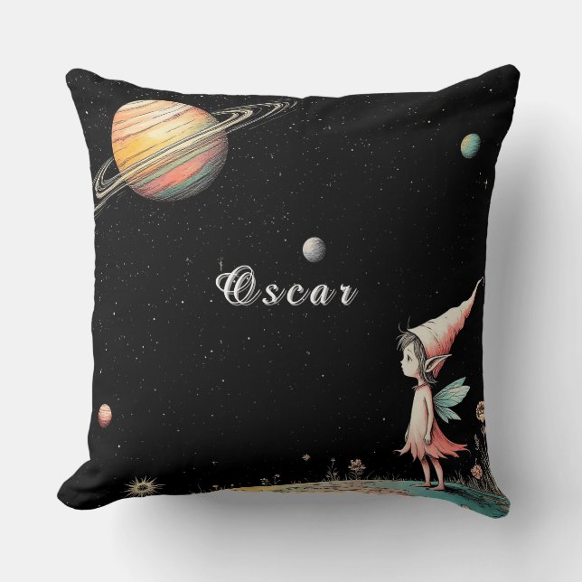 Coussin Fée contemplant l'espace avec des planètes (Recto)