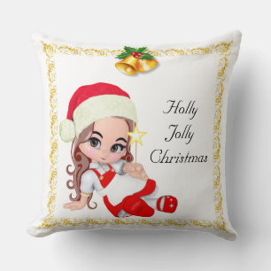 Coussin Fée de Noël habillée de rouge et de cloches dorées