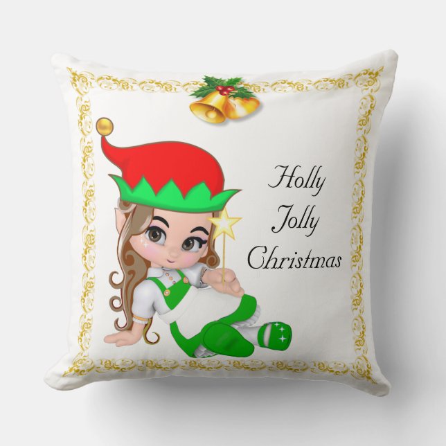 Coussin Fée de Noël habillée de vert et de cloches dorées (Recto)