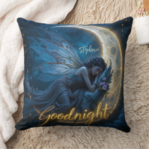 Coussin Fée endormie sur un croissant de lune Bonne nuit
