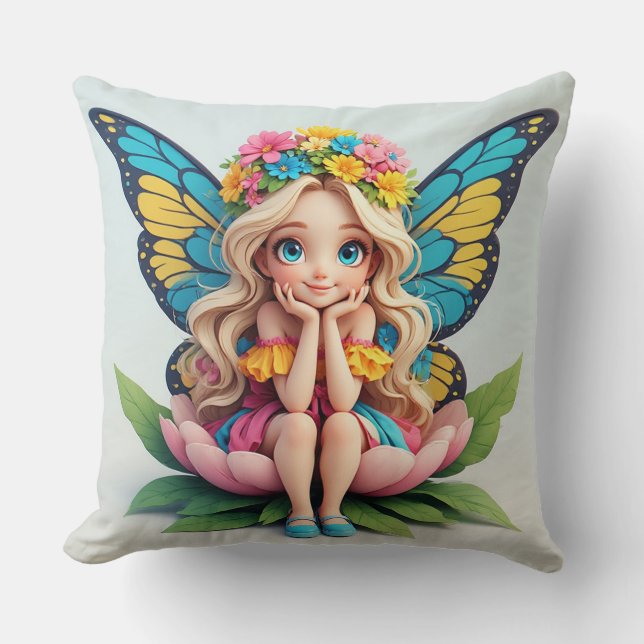Coussin Fée Fille aux Ailes de Papillon Assise dans un Jar (Recto)