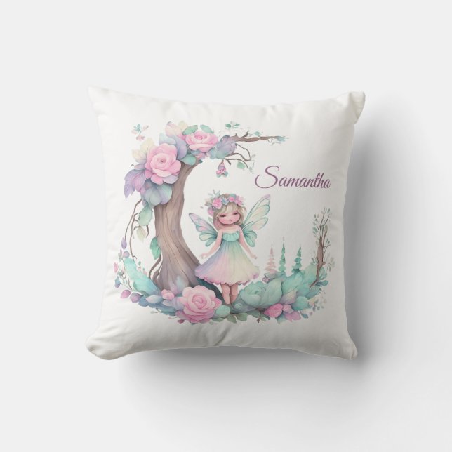 Coussin Fée mignonne avec Fleurs aquarelles (Recto)