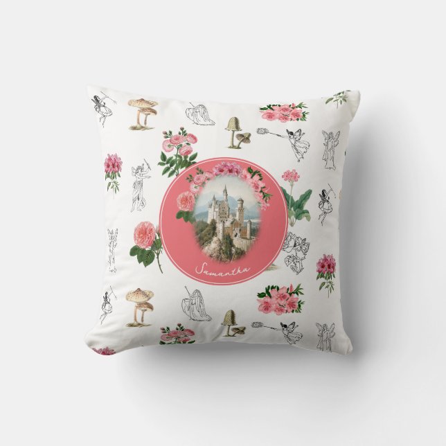 Coussin Fées Rose Floral Champignons Fée Château Monogramm (Recto)