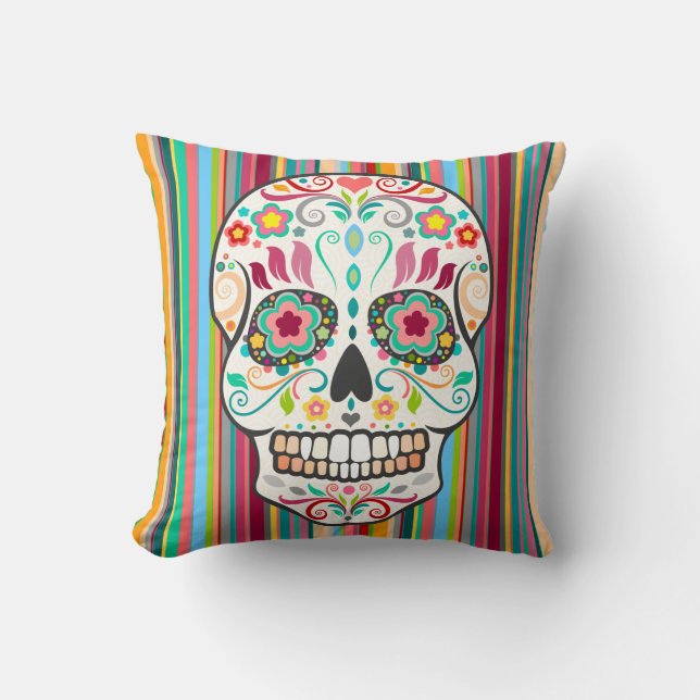 Coussin Feliz Muertos - crâne de sucre et carreau de (Recto)
