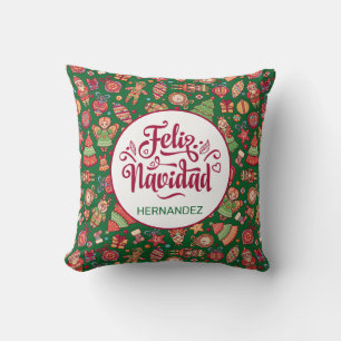 Coussin Feliz Navidad Art Populaire Vert Personnalisé