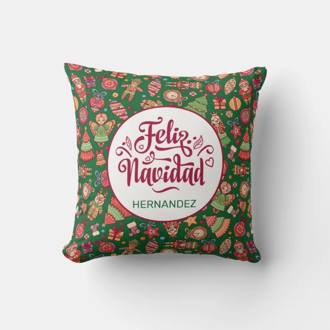 Coussin Feliz Navidad Art Populaire Vert Personnalisé (Recto)