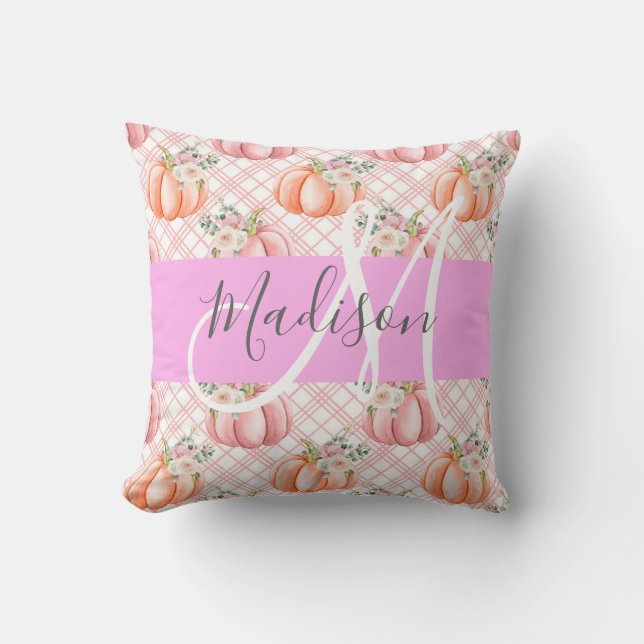 Coussin Féminin Chic Fleur Rose Pêche Citrouille Monogramm (Recto)