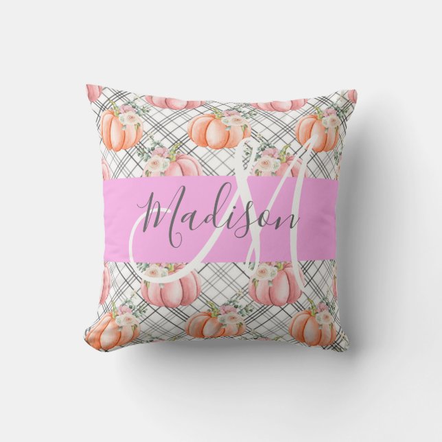 Coussin Féminin Floral Gris Rose Pêche Citrouille Monogram (Recto)