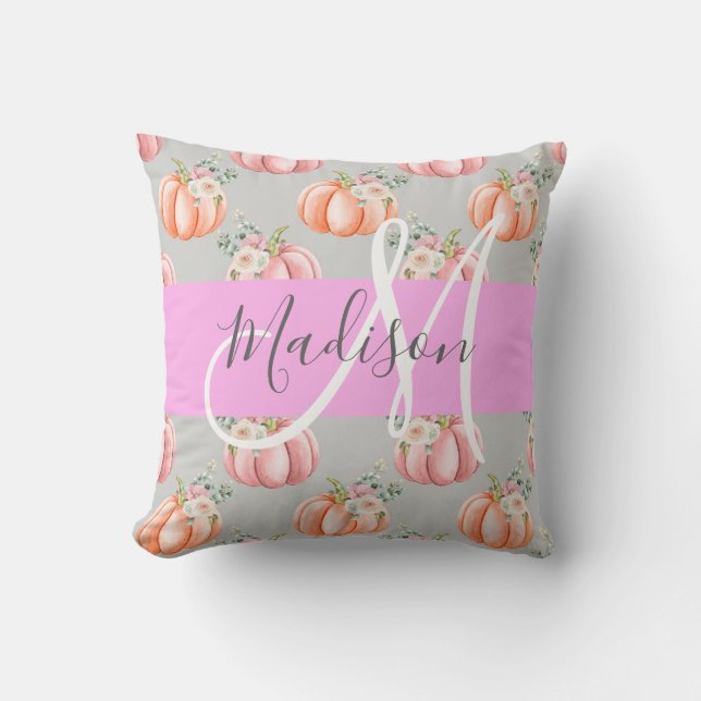 Coussin Féminin Floral Gris Rose Pêche Citrouille Monogram (Recto)