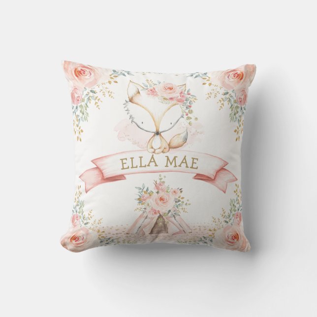 Coussin Feminine Fox Blush Floral Boho Woodland Nursery (Recto)