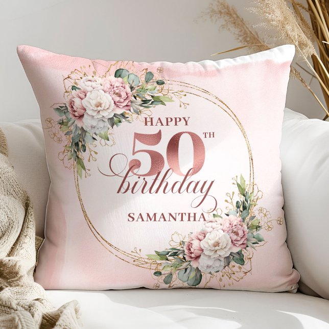Coussin Feminine Rose Gold Blush Floral 50th Birthday Gift (Feminine Rose Gold Blush Floral 50th Birthday Gift Pillow)