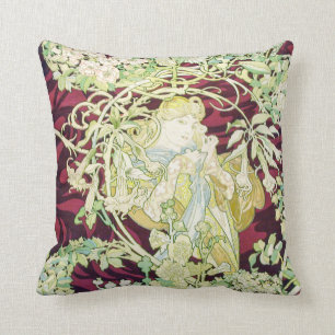 Coussin Femme à marguerite - Mucha daisy textile repro