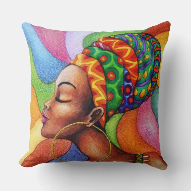 Coussin Femme africaine avec cire tissu traditionnel (Recto)