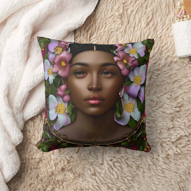 Coussin Femme afro-américaine sereine avec fleurs (Couverture)
