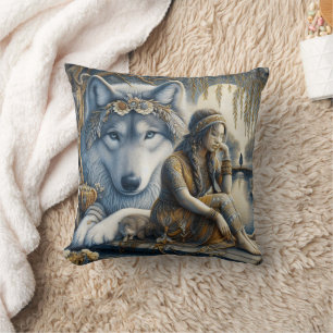 Coussin Femme amérindienne assise à l'eau avec le loup
