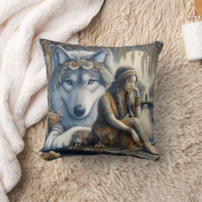 Coussin Femme amérindienne assise à l'eau avec le loup (Couverture)