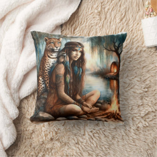 Coussin Femme amérindienne assise au bord d'une rivière av