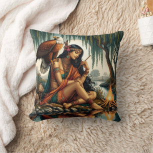 Coussin Femme amérindienne assise au bord d'une rivière av