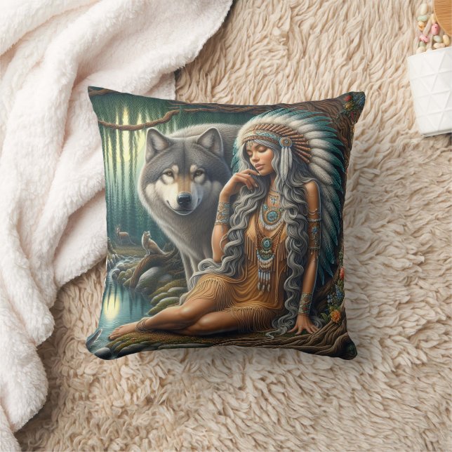 Coussin Femme amérindienne assise avec le loup dans la for (Couverture)