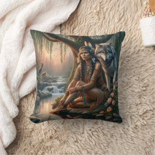 Coussin Femme amérindienne assise dans la rivière avec le 