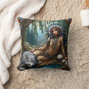 Coussin Femme amérindienne assise sur la rivière avec le l