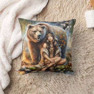 Coussin Femme amérindienne assise sur la rivière avec ours