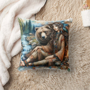 Coussin Femme amérindienne assise sur la rivière avec ours