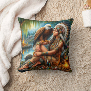 Coussin Femme amérindienne avec aigle par eau douce