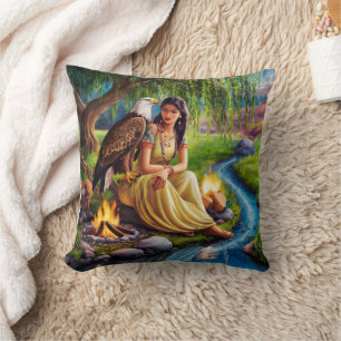 Coussin Femme amérindienne avec aigle par ruisseau