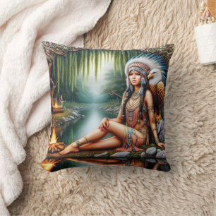 Coussin Femme Amérindienne Avec Aigle Par Tranquil River