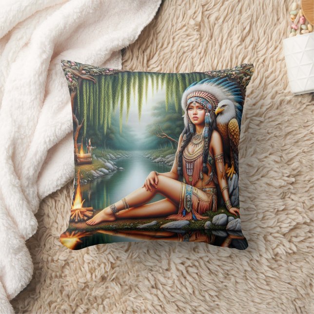 Coussin Femme Amérindienne Avec Aigle Par Tranquil River (Couverture)